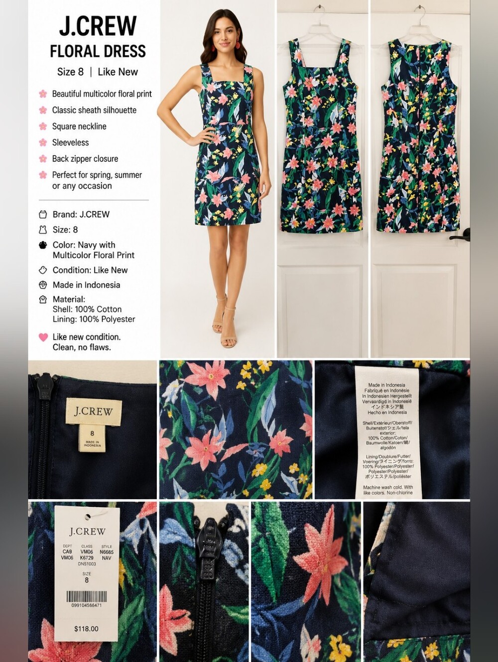 J.Crew Floral Cotton Sheath Dress | Size 8 | Like New | Lined